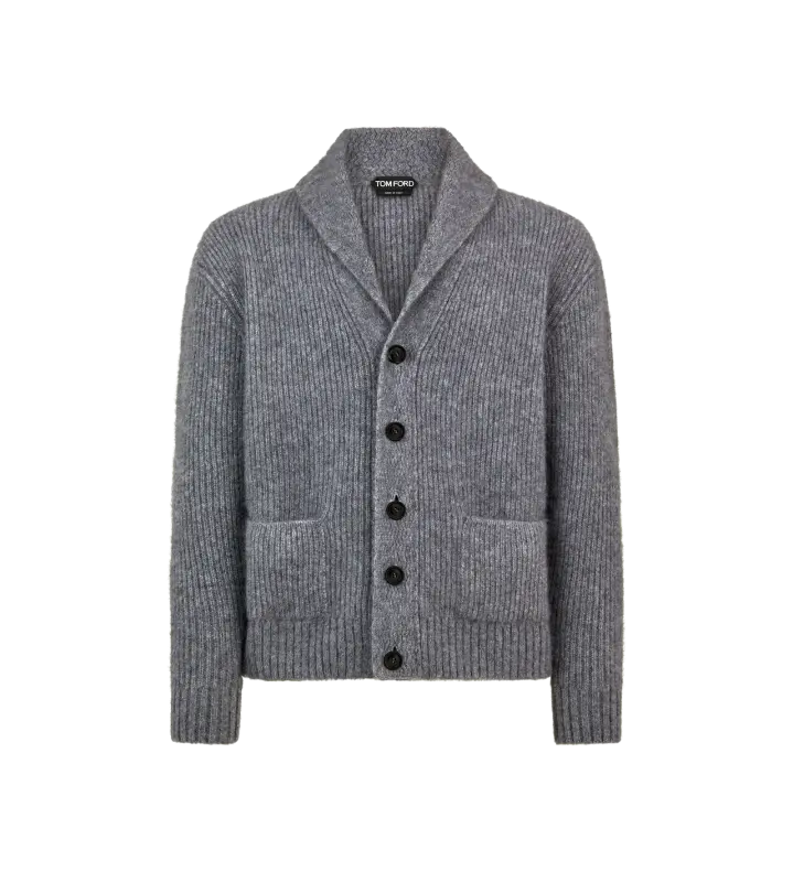 BRUSHED CASHMERE SILK SHAWL COLLAR CARDIGAN ASH GREY online